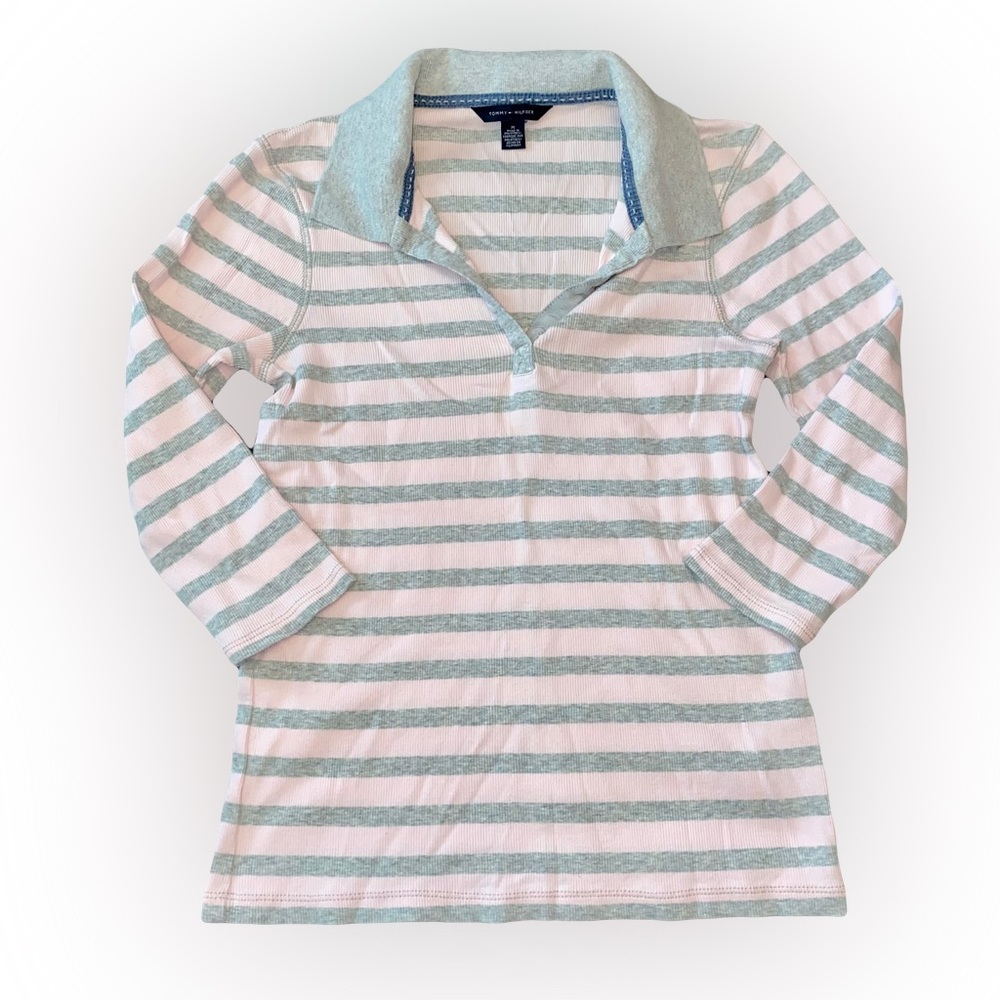 TOMMY HILGER PINK & GREY STRIPED HALF-BUTTON BLOUSE // SIZE MEDIUM🌷